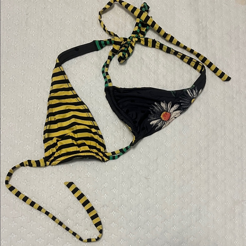 Volcom Yellow and Black Striped Bikini Top